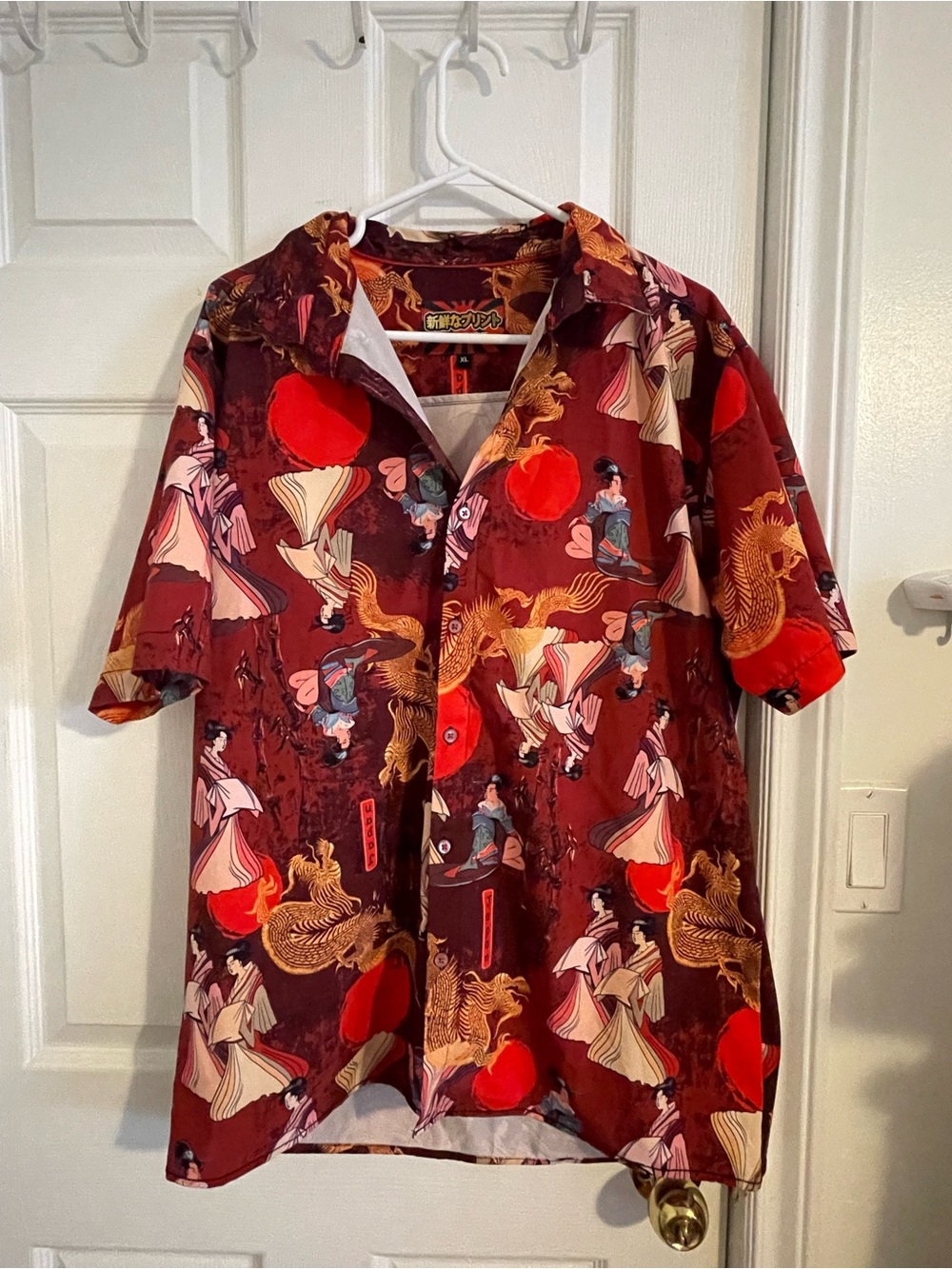 Men's Red Graphic Button-Up Shirt With Ladies And Dragon Print Size XL